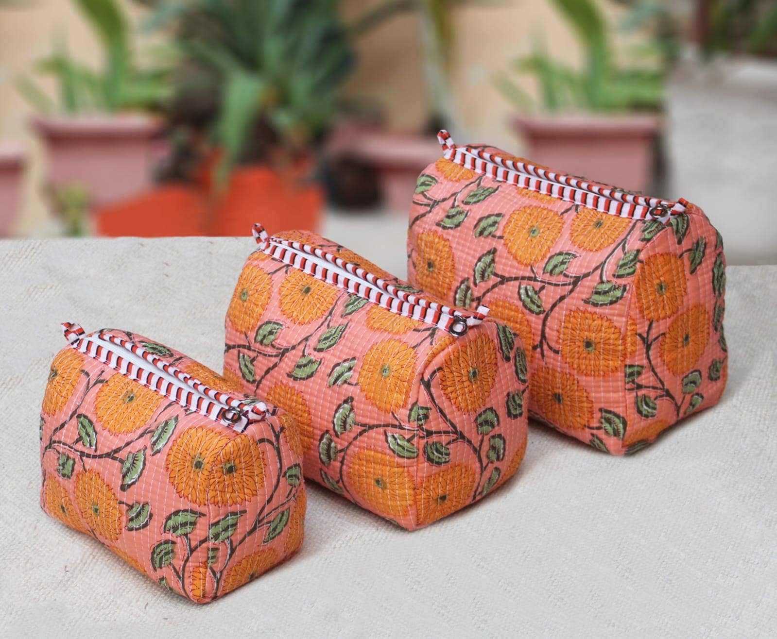 Orange Daisies Cotton Quilted Makeup Bag/Cosmetic Bag