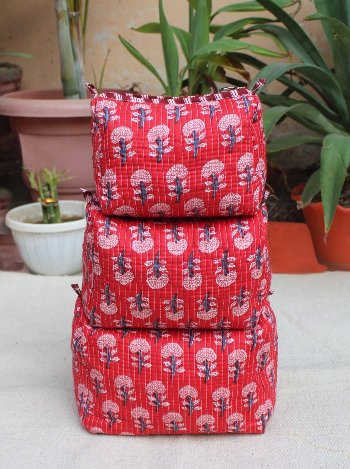 Red Marigold Cotton Quilted Makeup Bag/Cosmetic Bag