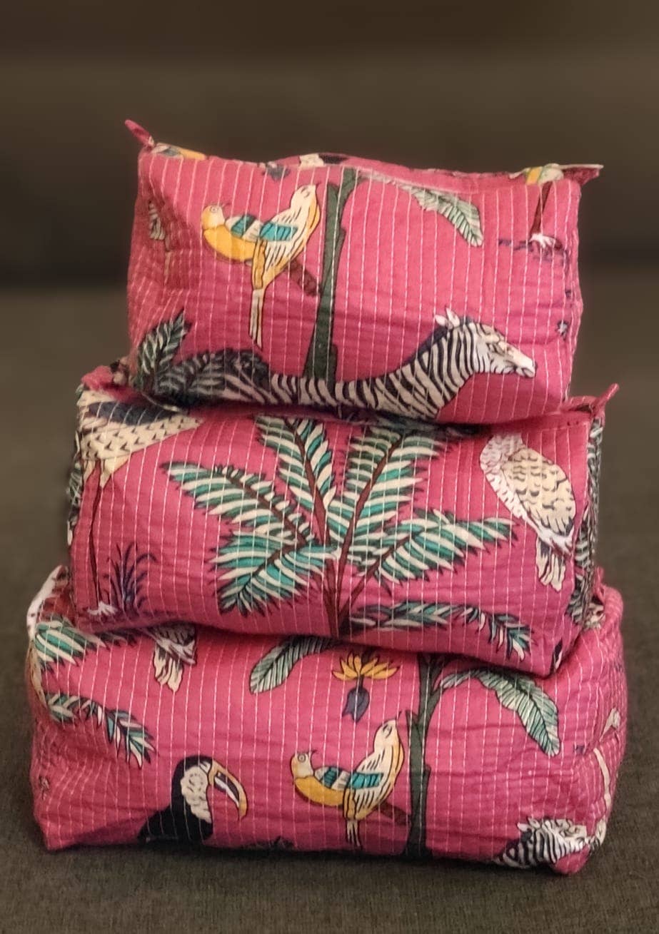 Pink Jungle Cotton Quilted Makeup Bag/Cosmetic Bag