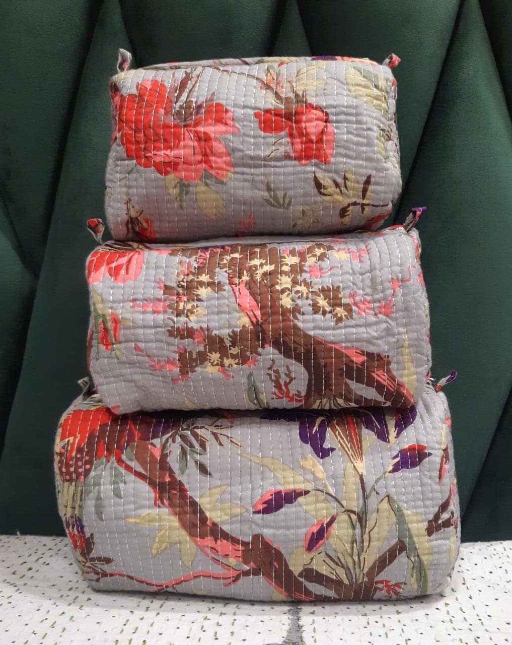 Gray Bloom Cotton Quilted Makeup Bag/Cosmetic Bag