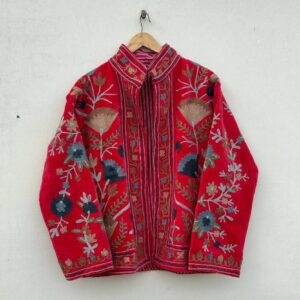 Velvet Suzani Hand Embroidered Jacket - Red