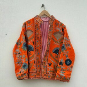 Velvet Suzani Hand Embroidered Jacket - Orange