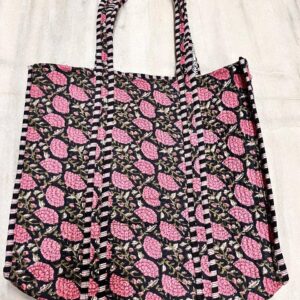 Black Pink Floral Cotton Quilted Tote Bag