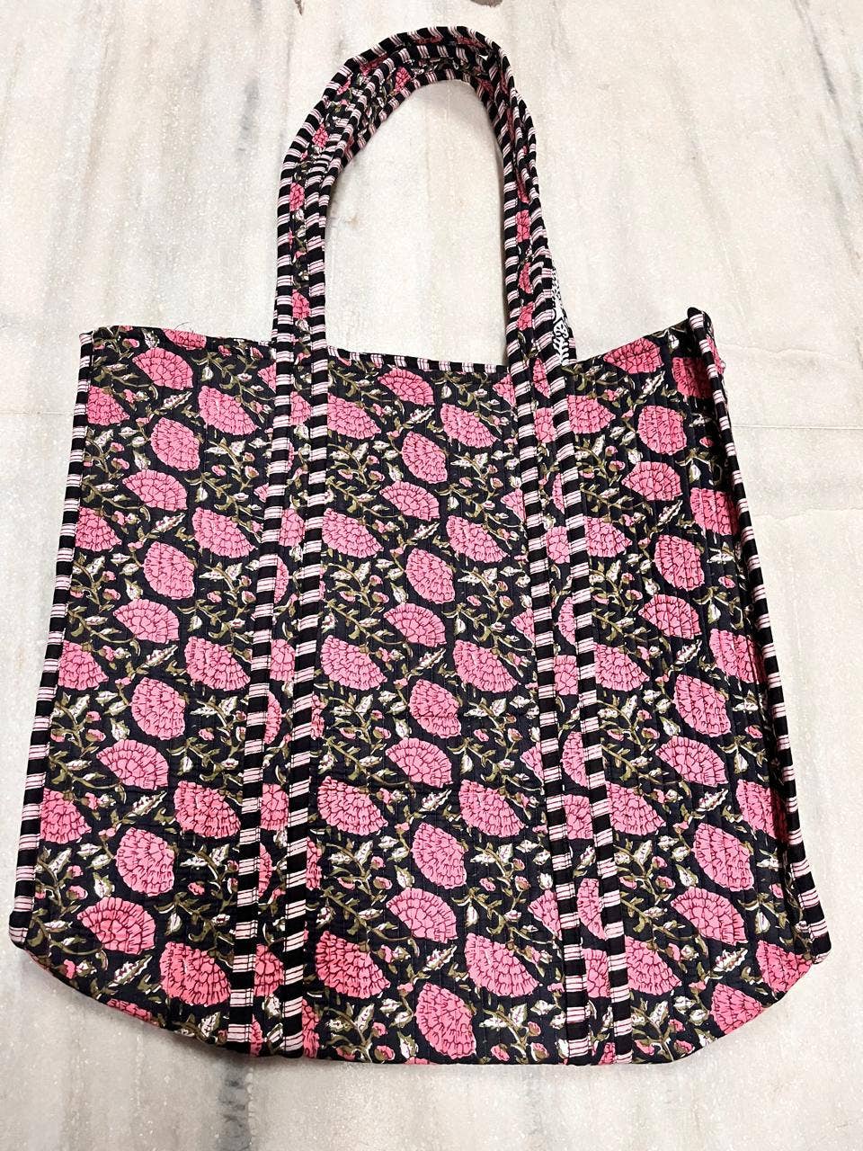 Black Pink Floral Cotton Quilted Tote Bag
