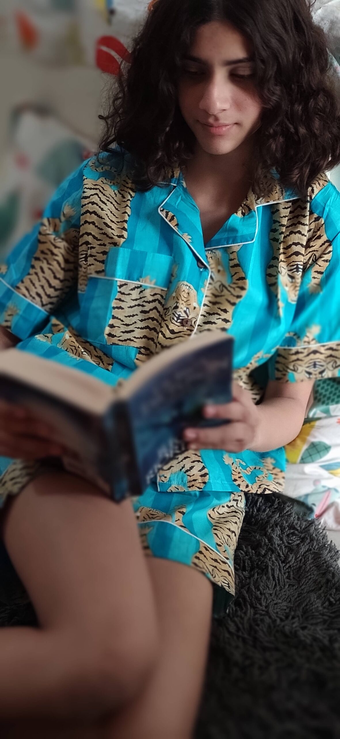 Turquoise Blue Cotton Tiger Print Shorts Pyjama Set