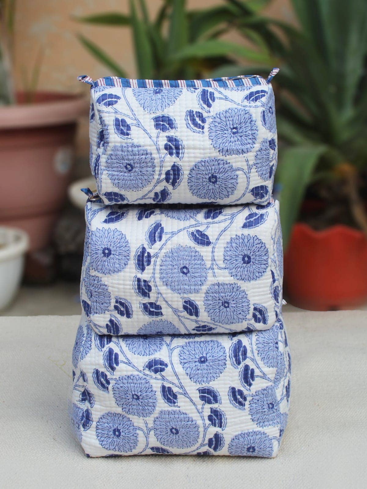Blue Daisies Cotton Quilted Makeup/Cosmetic Bag