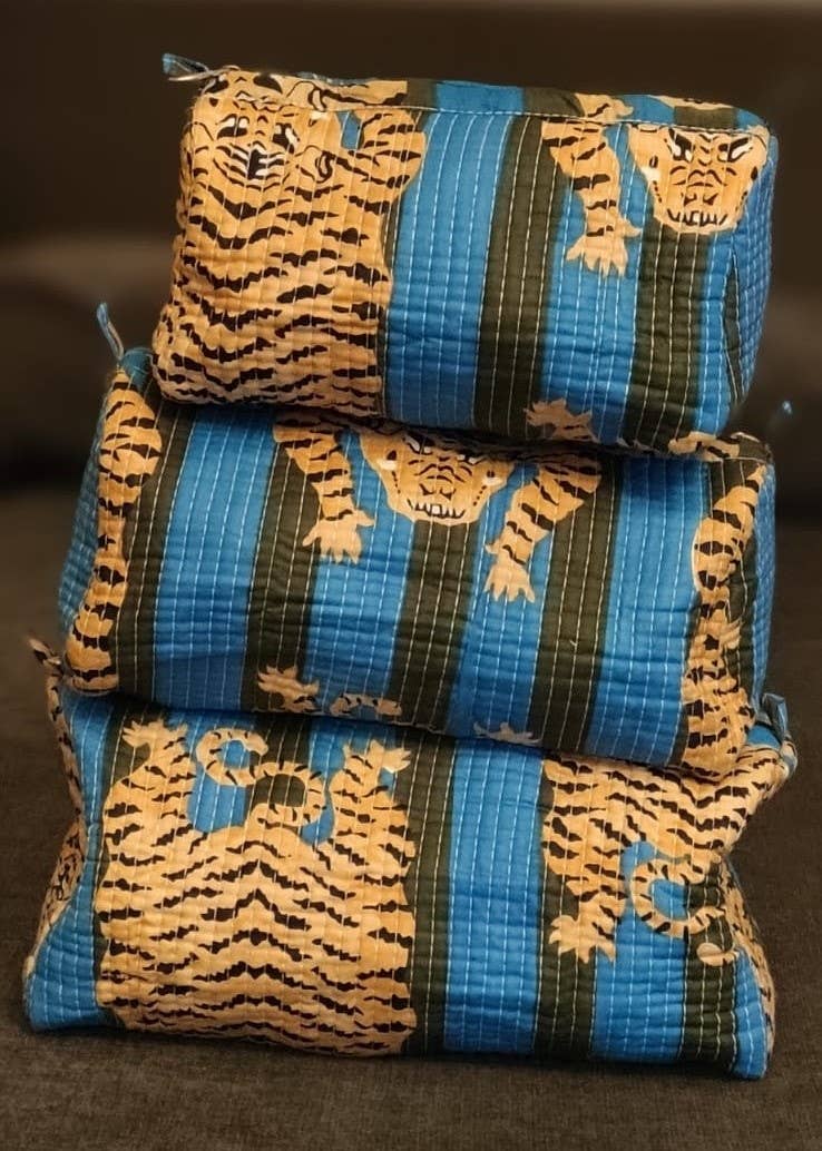 Blue & Green Tiger Cotton Quilted Makeup/Cosmetic Bag