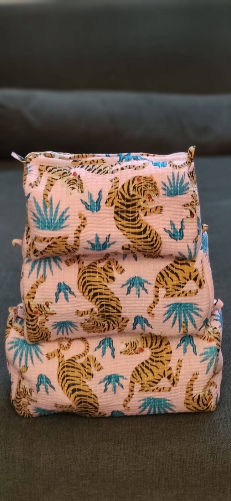 Baby Pink Tiger Print Cotton Travel/ Makeup Bag/Cosmetic Bag