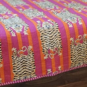 Pink and Orange Tiger Quilted Cotton Bed Throw Blanket