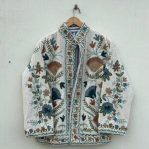 Velvet Suzani Hand Embroidered Jacket - White