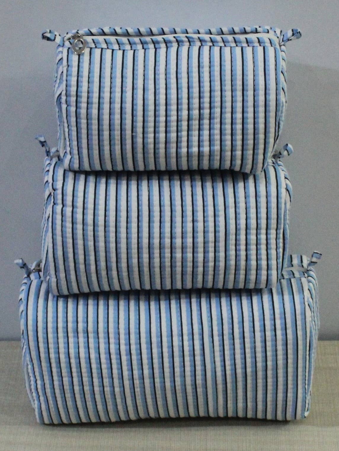 Blue n Black Stripe Cotton Travel/ Makeup Bag/Cosmetic Bag