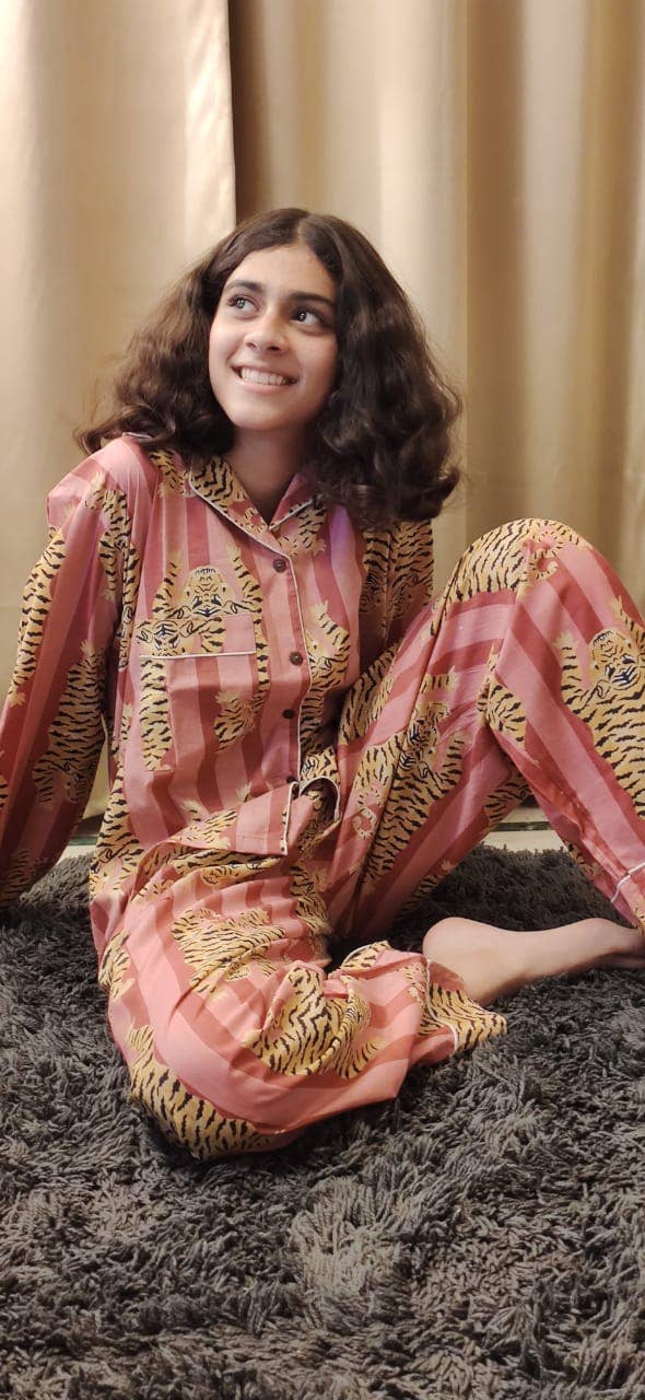 Dust Pink Tiger Print Long Pyjamas Set