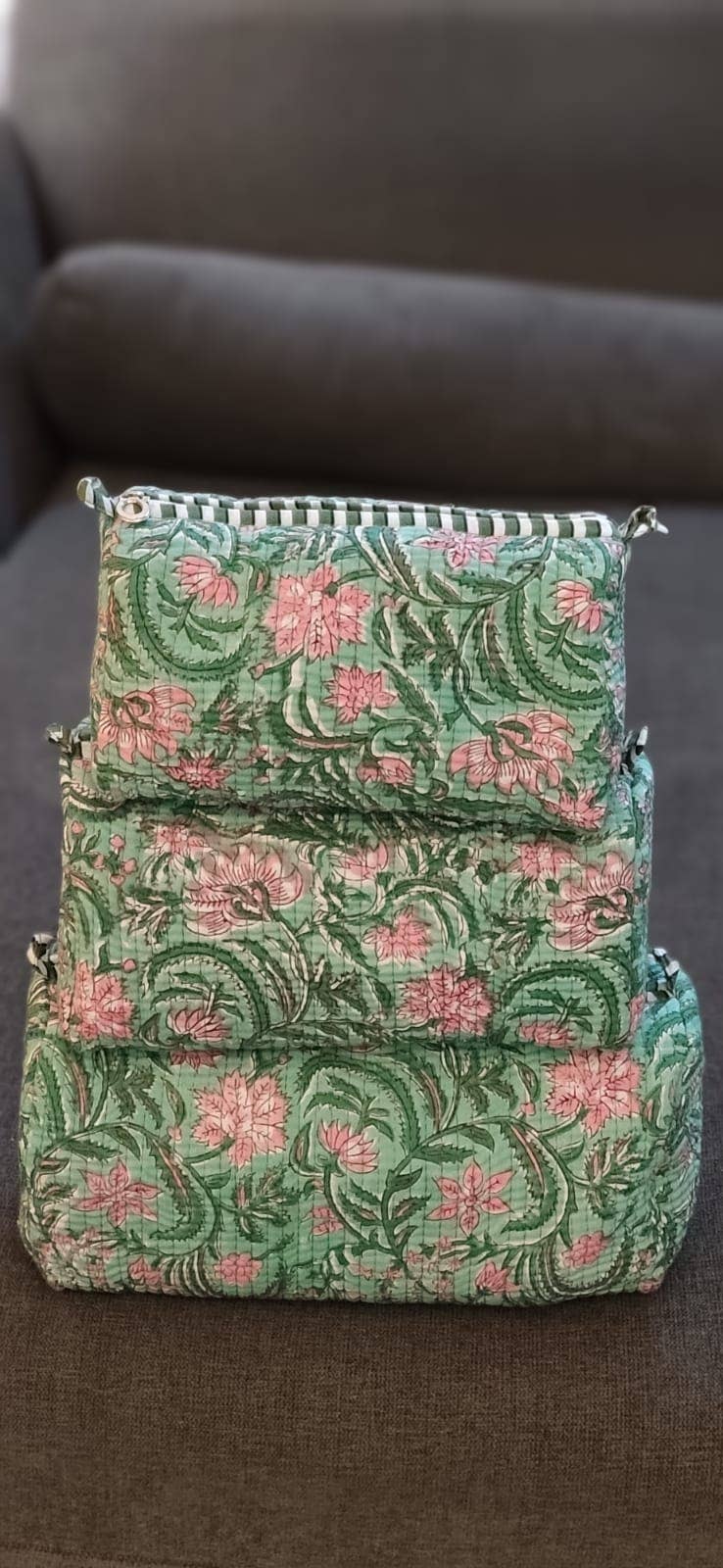 Green Floral Cotton Quilted Makeup Bag/Cosmetic Bag