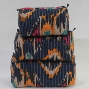 Blue Ikat Print Cotton Travel/ Makeup Bag/Cosmetic Bag