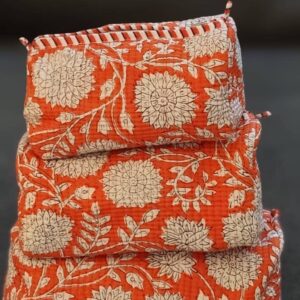 Orange & White Floral Cotton Quilted Makeup Bag/Cosmetic Bag