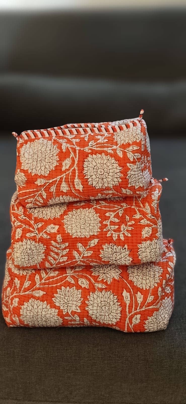 Orange & White Floral Cotton Quilted Makeup Bag/Cosmetic Bag