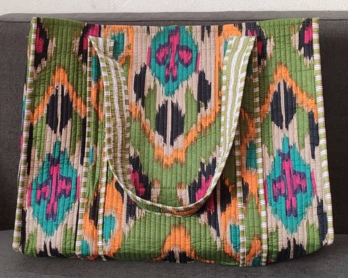 Green Ikat Cotton Quilted Tote Bag