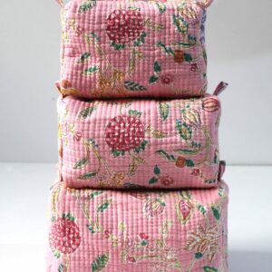 Pink Floral Cotton Quilted Makeup Bag/Cosmetic Bag
