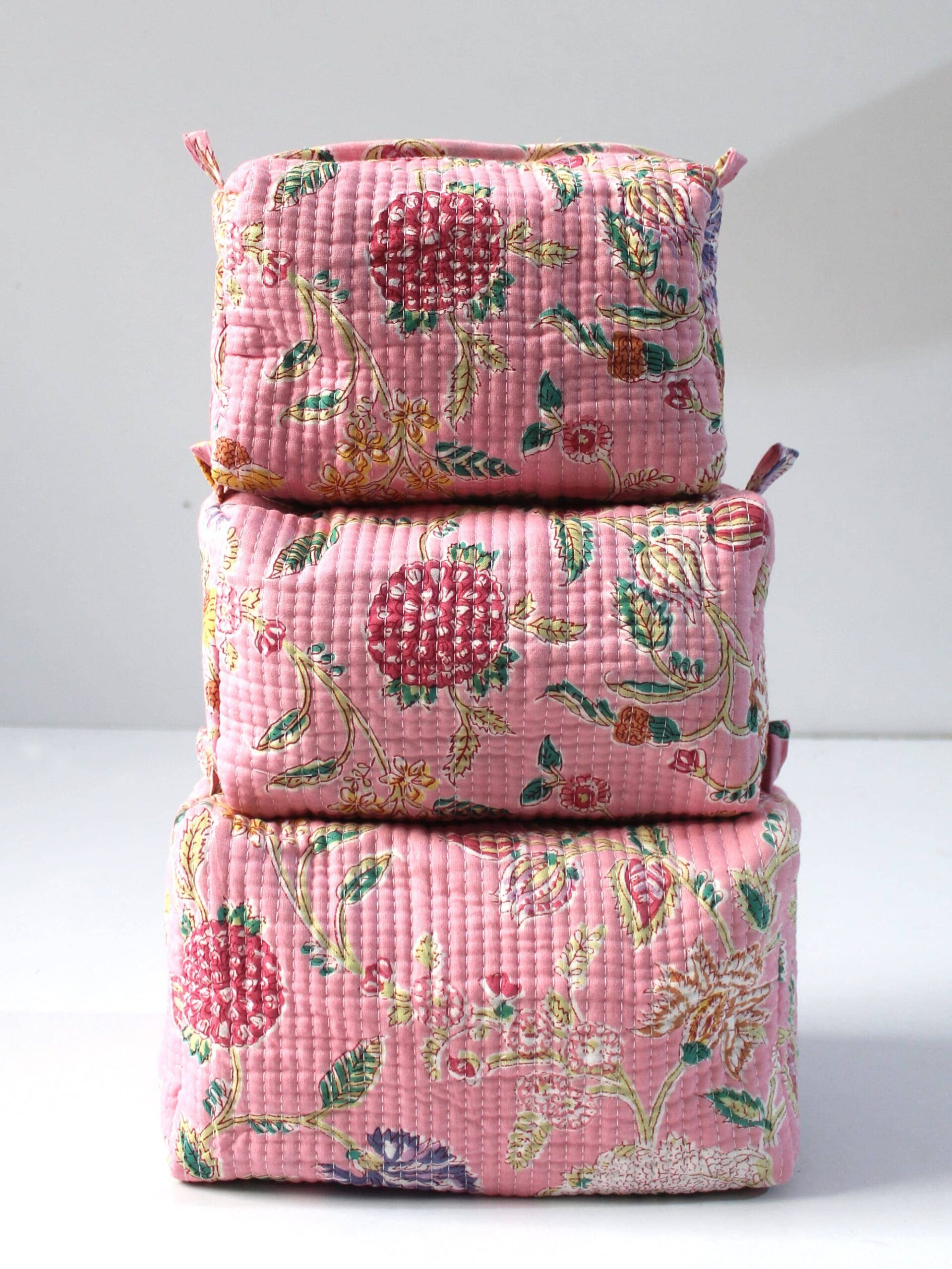 Pink Floral Cotton Quilted Makeup Bag/Cosmetic Bag