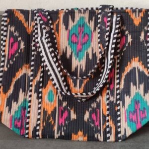 Black Ikat Cotton Quilted Tote Bag