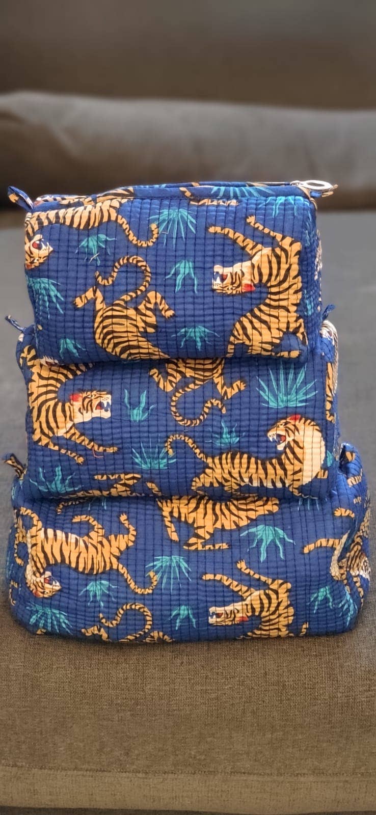 Blue Tiger Print Cotton Travel/ Makeup Bag/Cosmetic Bag